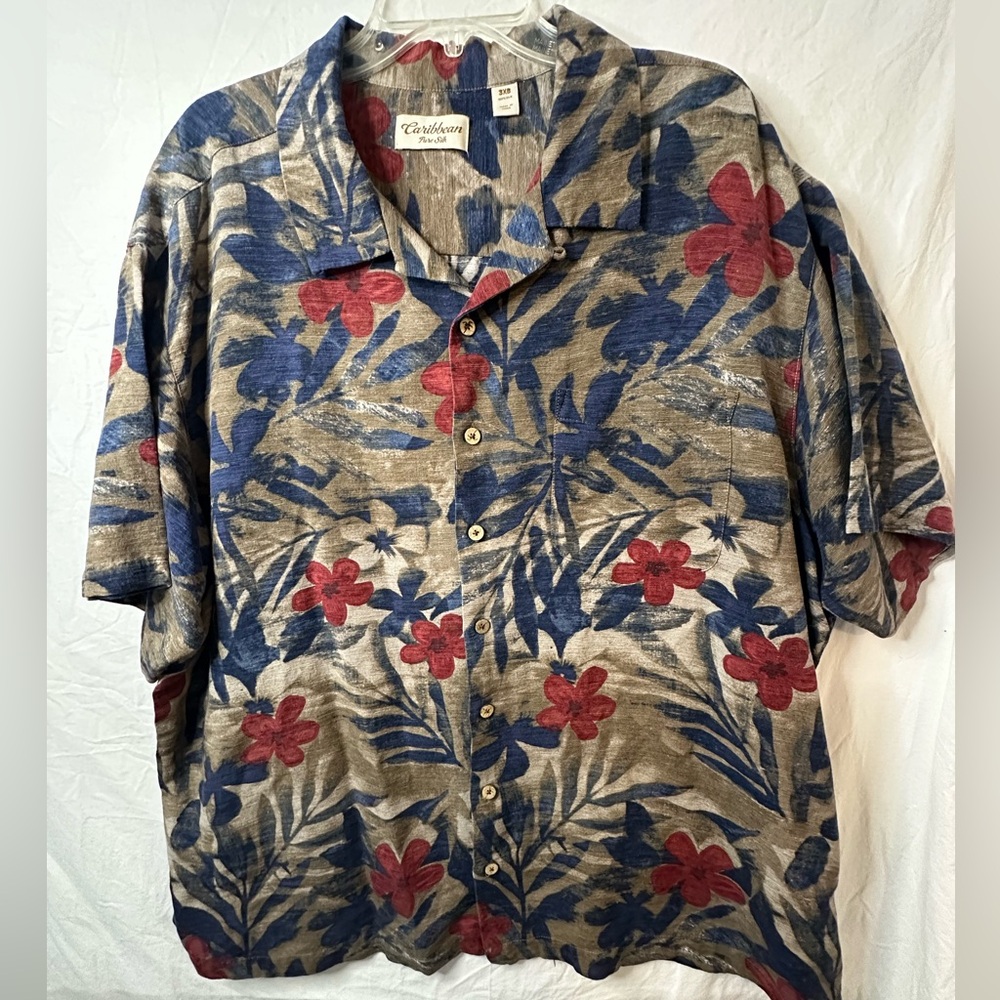 Caribbean Pure Silk Hawaiian Shirt 3XB Big Tall Blue Red Tropical button up
